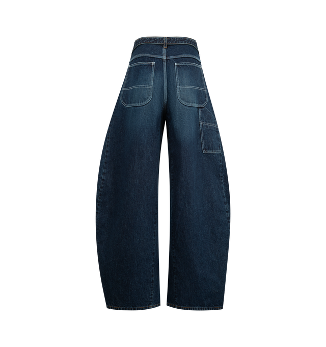 Image 2 of 3 - BLUE - SACAI Belted Wide Leg Jean featuring 5 pocket style, removable belt, wide leg and carpenter pocket on leg. Cotton.