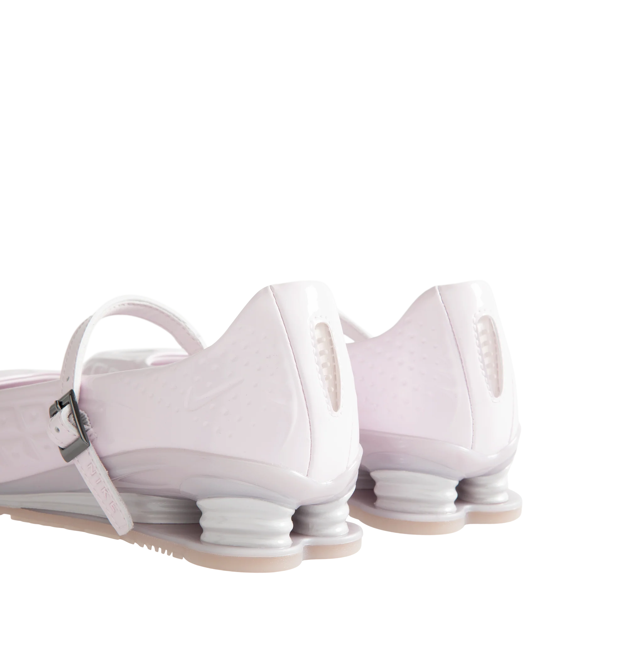 Image 3 of 5 - PINK - Nike Womens Shox Z Calistra Shoe is a ballet-inspired flat on top of sleek sneaker-inspired heel cushioning. Designed with an adjustable midfoot strap, Nike Shox Z cushioning pillars, signature Nike and Shox branding, and durable rubber outsole. Upper: Synthetic Leather; Cushioning: Nike Shox Z; Outsole: Rubber. Imported 
