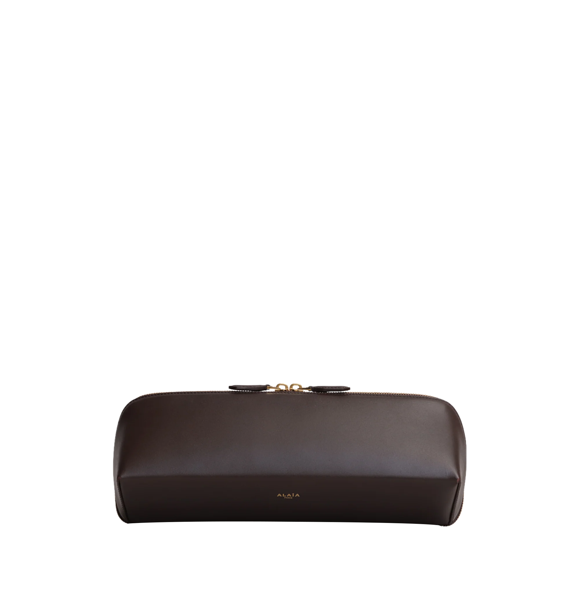Image 1 of 2 - BROWN - Alaa Women's Delta Clutch is crafted from soft black box calfskin and features a sculptural elongated shape with square lines and a double-zip closure. Designed for hand carry, it fits a large phone, card case, and keys. Main Material: 100% Calf Leather. Main Lining: 100% Calf Leather. Dimensions: 31 x 12 x 9 cm / 12.2 x 4.7 x 3.5 in. Made in Italy.
