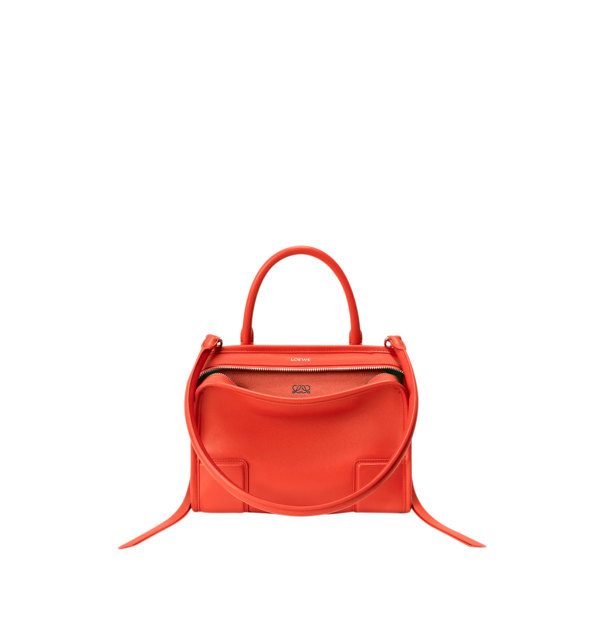 Image 5 of 17 - ORANGE - Loewe Small Amazona 180 Bag in leather features a relaxed silhouette anchored by a single toron top handle, designed to be carried open, while a concealed closure secures the main compartment, three carry options: short handle, removable shoulder strap and crossbody, zip closure with two leather zip pullers, two compartments, main compartment closed with magnetic closure, internal flat pocket, left side d-ring for customization, nappa lambskin lining, and embossed double L branding.