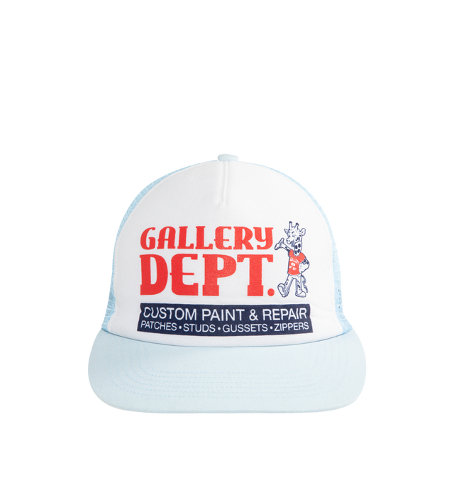 Image 1 of 2 - BLUE - GALLERY DEPT. GD Custom Hat featuring adjustable buckle fastening, trucker style, mesh sides, curved peak and logo at front.