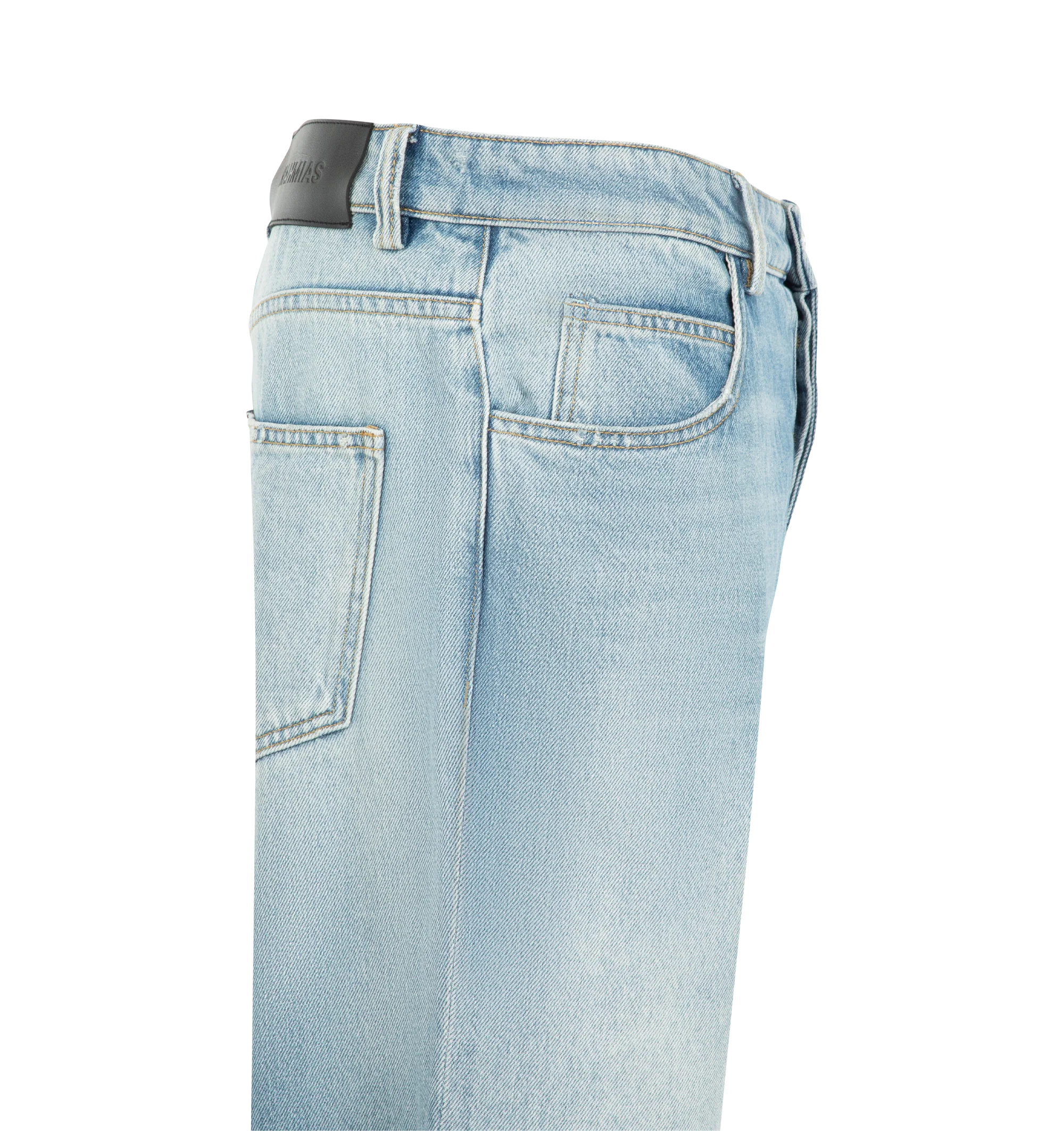 Image 3 of 4 - BLUE - Nahmias Men's Split Seam Straight Leg Jeans are crafted from 100% cotton denim and feature a classic straight-leg silhouette with distinctive split-seam detailing. Finished with a signature Summerland label at the split seam, these designer jeans reflect Nahmias' laid-back Los Angeles aesthetic with a contemporary approach to everyday denim. Main Material: 100% Cotton. Fit: Straight Leg. Detail: Summerland Label at Split Seam. Care: Machine Wash Cold. Designed in Los Angeles.