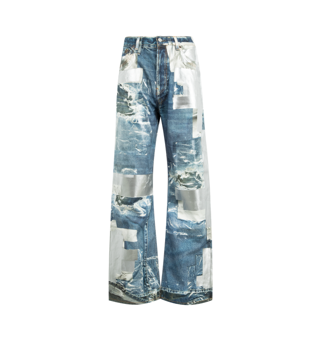 Image 1 of 3 - BLUE - ACNE Printed Jeans featuring a seasonal trompe-lil tape print, organic cotton denim with a brushed surface for a soft handfeel, regular fit, mid waist, wide, straight leg that subtly flares from the knee, 5-pocket construction and zipper fly closure. 100% cotton.