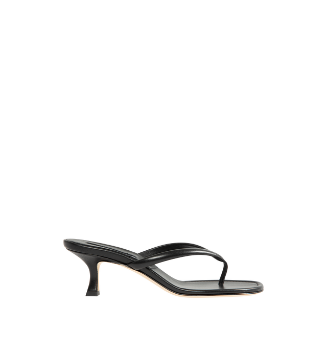 Image 1 of 4 - BLACK - Manolo Blahnik Paterno 50 Leather Sandal featuring nappa leather upper with leather sole, leather lining and footbed, angled round toe with flared kitten heel.Approx 50mm/ 2 inch heel. Made in Italy.