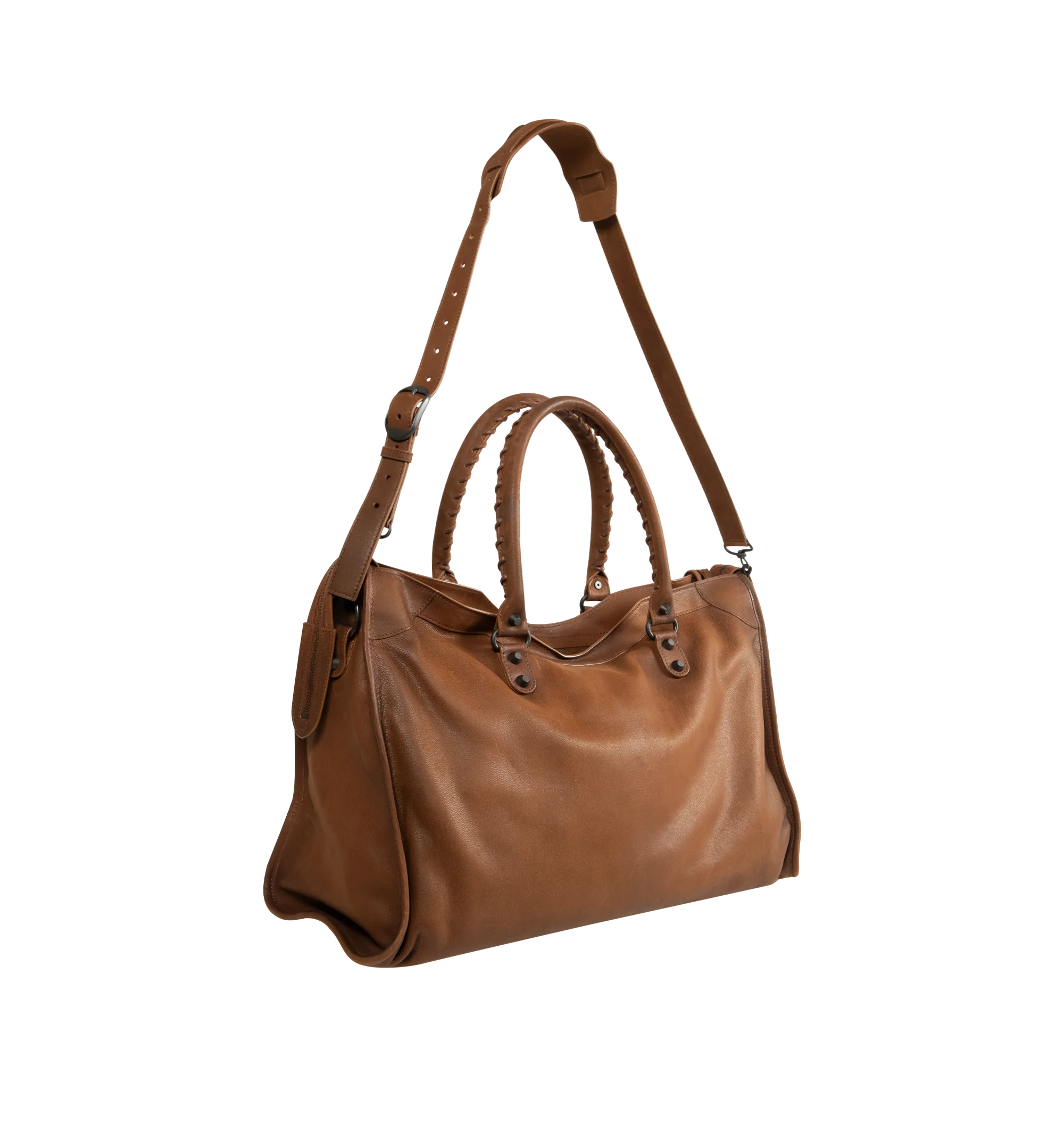 Image 2 of 3 - BROWN - Balenciaga Men's Le City Bag Large is crafted from vintage goatskin and features the house's iconic relaxed silhouette with two hand-braided handles detailed with waxed cord. Designed for hand or crossbody carry, this designer bag features an adjustable and removable shoulder strap with shoulder pad, brass hardware, a double-sided zip closure with long tails and knotted leather puller, front zipped pocket, interior zipped pocket, removable mirror with tone-on-tone Balenciaga logo, and 