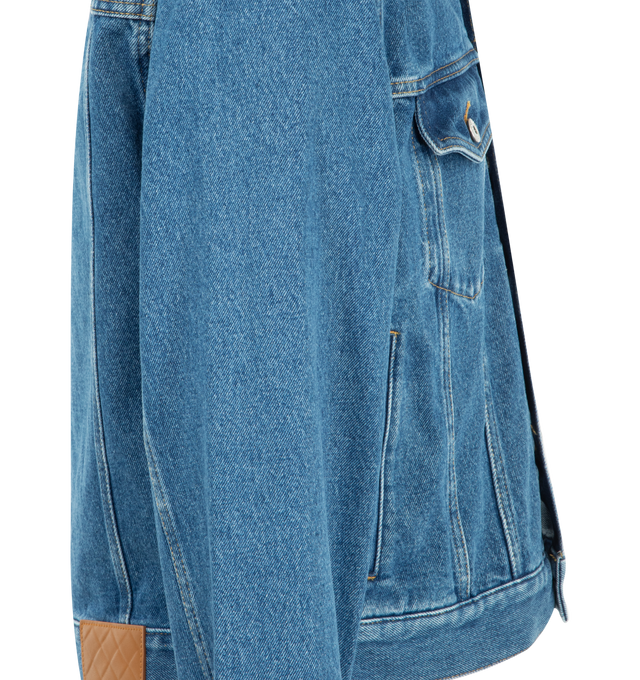 Image 3 of 3 - BLUE - BOTTEGA VENETA Medium Indigo Denim Jacket featuring intrecciato leather collar, embossed Intrecciato leather patch and regular fit. 100% cotton. Made in Italy.