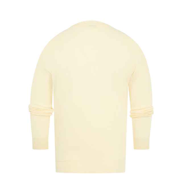 Image 2 of 3 - NEUTRAL - MONCLER Leather Logo Wool Sweater featuring micro-stitch, Gauge 14, crew neck and leather logo patch. 100% virgin wool. 