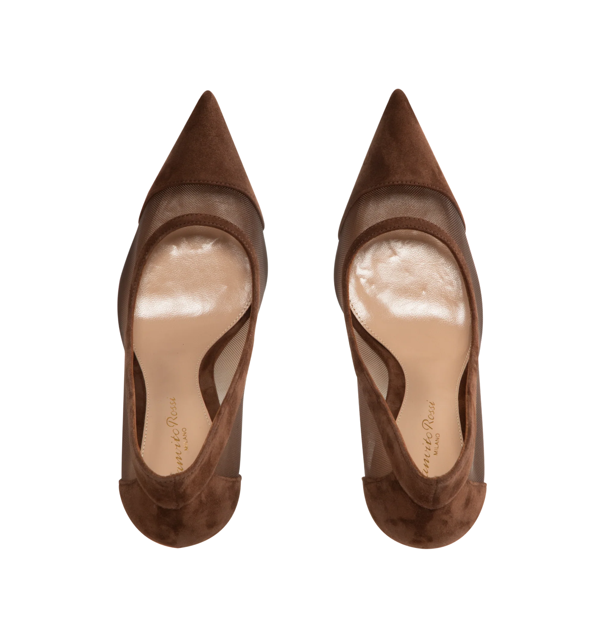 Image 4 of 4 - BROWN - Gianvito Rossi Womens Pumps are crafted from suede and mesh. Feature a pointed toe, stiletto heel, leather and fabric lining, and leather sole. Main Material: Suede, Mesh; Lining: Leather, Fabric; Sole: Leather. Made in Italy.