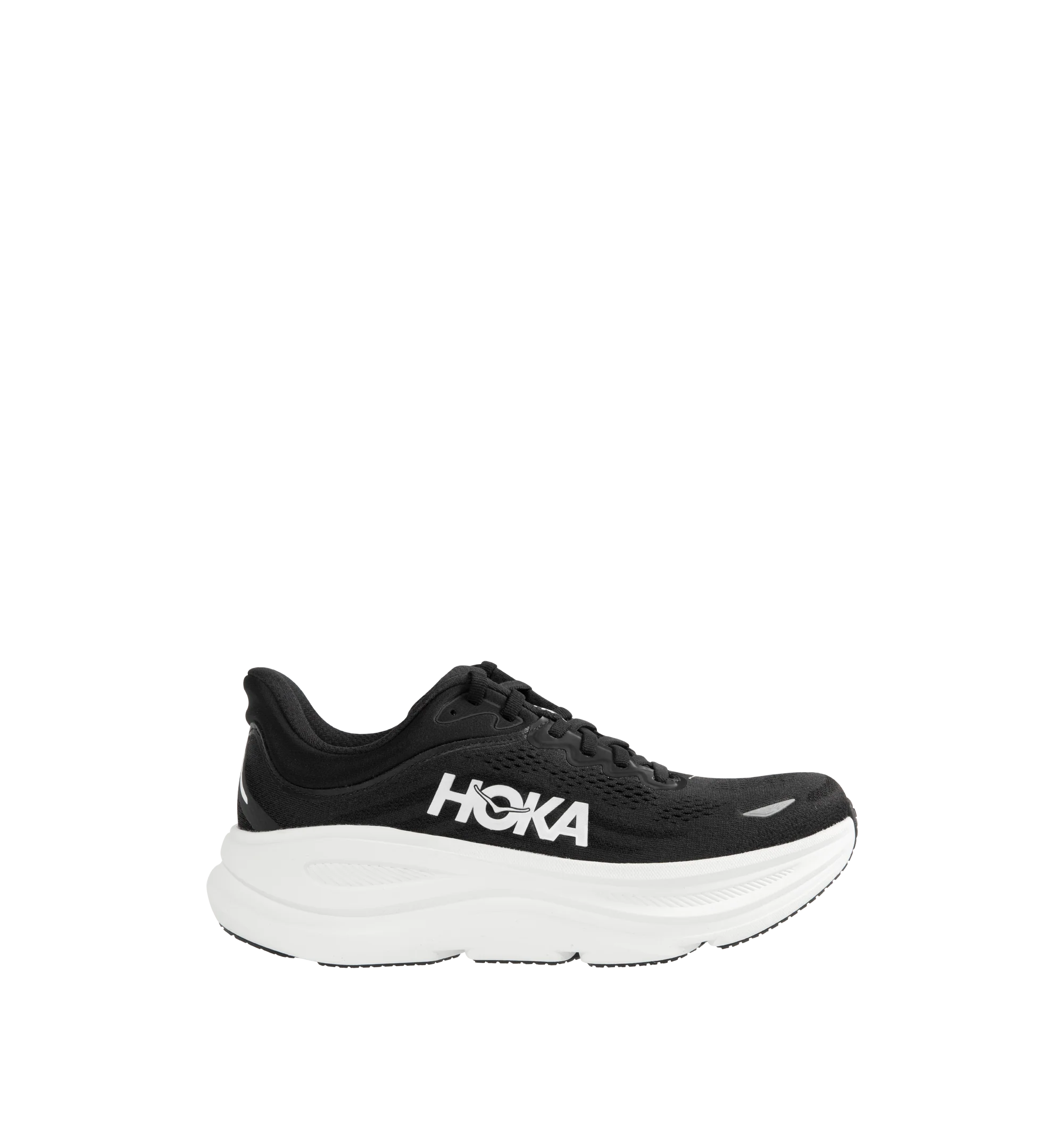 Image 1 of 5 - BLACK - HOKA M Bondi 9 Sneaker featuring engineered mesh upper with rubber sole, lace-up front, foamed EVA midsole and increased stack height for maximum cushioning, zonal breathability, reflective detailing and cushioned tongue and collar.