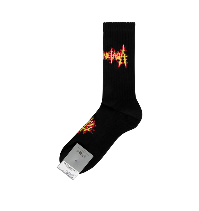 Image 1 of 3 - BLACK - BALENCIAGA Sacr Cur Socks featuring cotton blend, high socks, breathable fabric, Balenciaga Sacr Cur artwork and finishes in ribs. 86% cotton, 13% polyamide, 1% elastane. Made in Portugal.