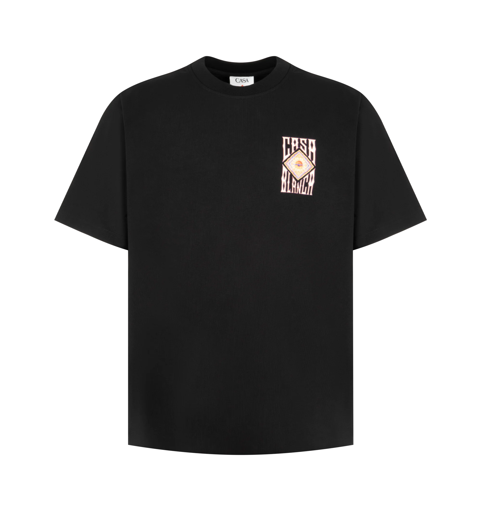 Image 1 of 2 - BLACK - Casablanca Men's Hermons Mirage Printed Classic T-Shirt is crafted from premium organic cotton and features a relaxed silhouette with a classic crew neckline and seasonal Hermons Mirage graphic print inspired by dreamlike landscapes and vibrant travel destinations. This designer graphic T-shirt combines exceptional everyday comfort with Casablanca's signature luxury sportswear aesthetic, creating a bold statement piece with artistic appeal. Main Material: 100% Organic Cotton. Made in