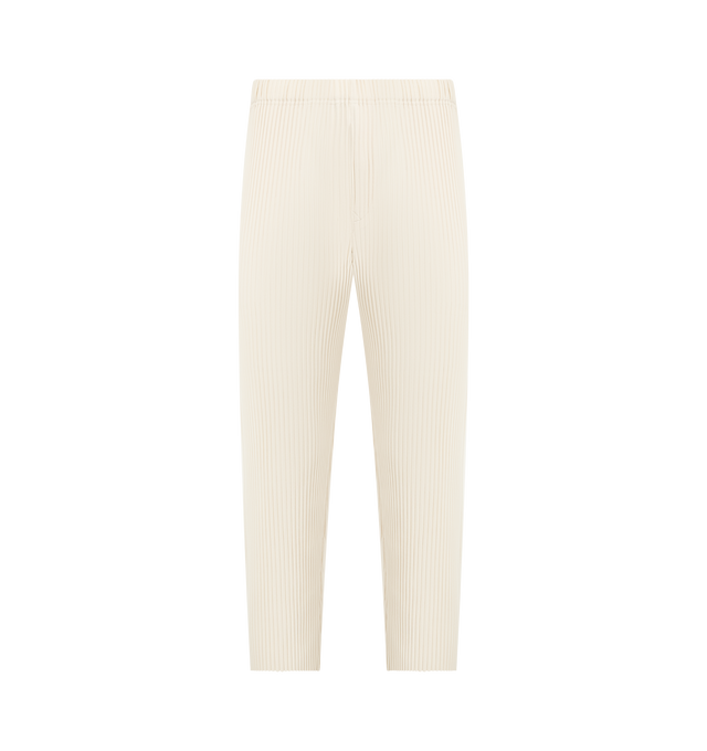 Image 1 of 3 - WHITE - ISSEY MIYAKE March Trousers featuring straight-leg, pleated, elasticated waistband with an inner drawcord, a button fly and side pockets. 100% polyester.