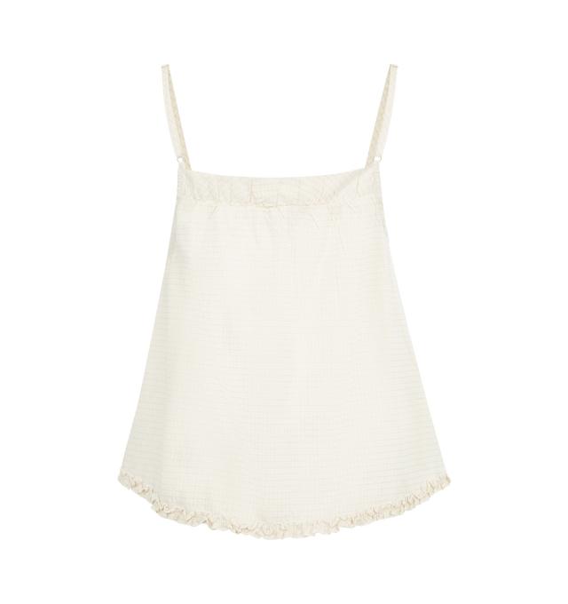 Image 3 of 6 - WHITE - DEIJI STUDIOS Yoke Set featuring relaxed babydoll top, straight neckline with button closure, gathered yoke seam, lettuce frill hem detail and fine, adjustable straps pairs back with an easy pull on short featuring double button detailing, elastic waistband and baby lock lettuce frill hem. 100% organic cotton poplin. 