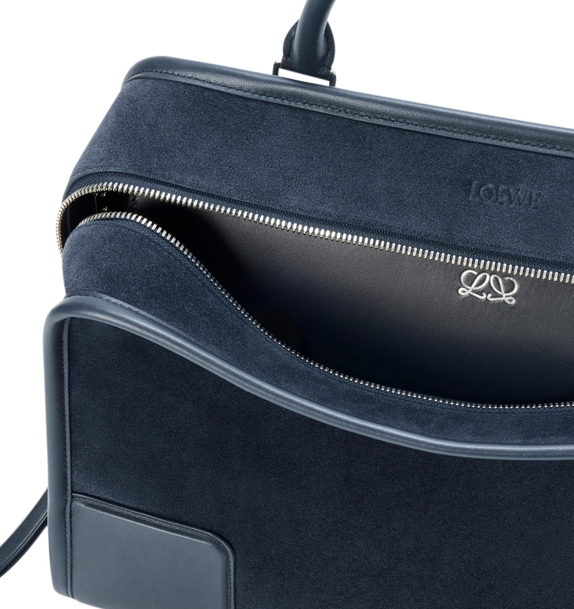 Image 11 of 16 - NAVY - Loewe Large Amazona 180 Bag in suede featuring a relaxed silhouette anchored by a single toron top handle, designed to be carried open while a concealed closure secures the main compartment, removable shoulder and crossbody straps, zip closure with two leather zip pullers, two compartments, main compartment closed with magnetic closure, internal flat pocket, left side d-ring for customization, suede and nappa lambskin lining, embossed LOEWE and embossed double L branding. Suede/calf.