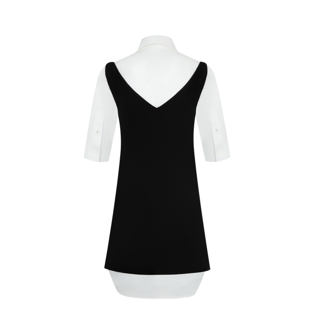 Image 2 of 2 - BLACK - BALENCIAGA Hybrid Shirt Dress in wool and silk blend featuring hybrid construction: mini dress layered over a short-sleeve shirt, front and back V-neckline, shirt collar, mother-of-pearl button front closure underneath, fitted waist, rounded shirt hem and invisible size zip. 80% wool, 20% silk. 100% cotton. Lining: 100% cupro. Made in Italy.