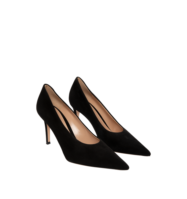 Image 2 of 4 - BLACK - GIANVITO ROSSI Robbie Pumps featuring calf suede, 85mm stiletto heel, slip-on style, pointed toe, branded leather insole and leather outsole.