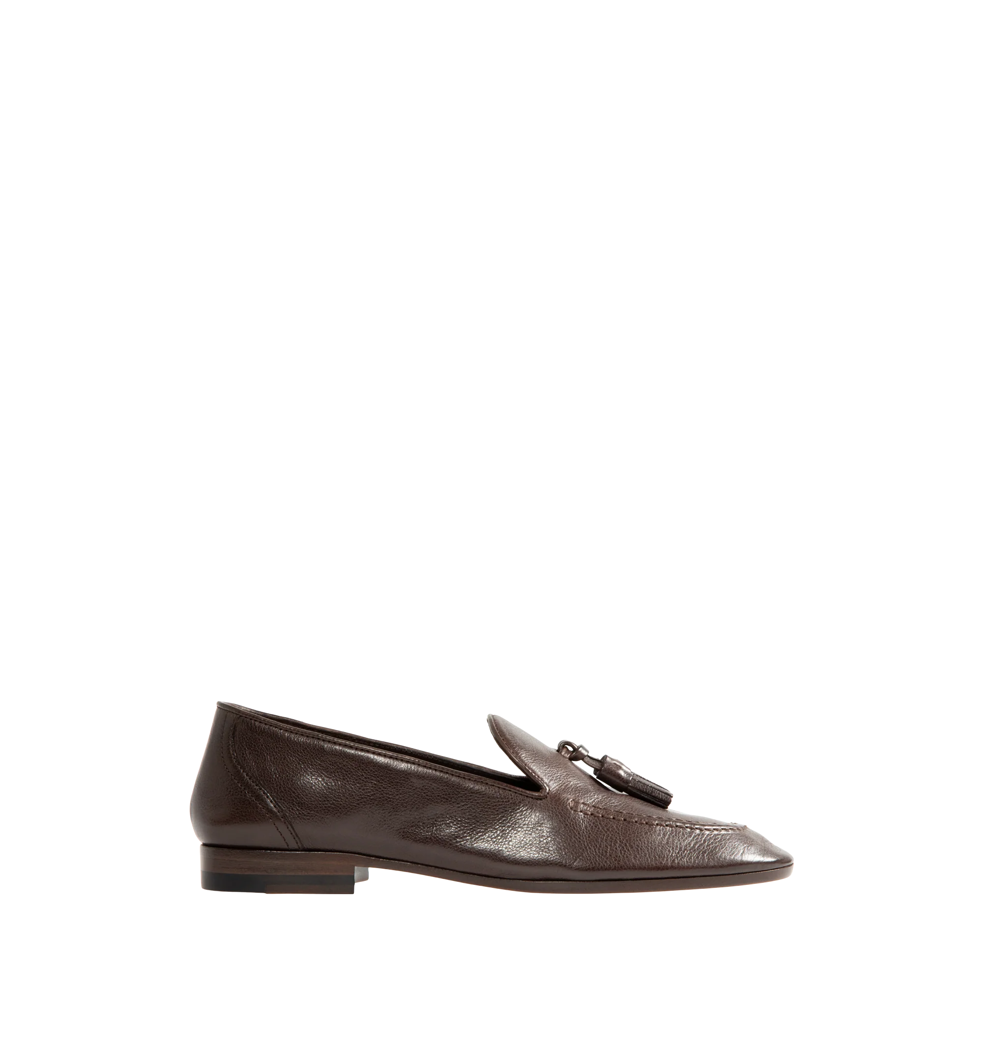 Image 1 of 4 - BROWN - The Row Women's Caden Loafers are crafted from softly grained calfskin leather in deep brown and feature an almond toe, tassel detailing, and a stacked heel. Upper: 100% Calfskin Leather. Sole: Calfskin Leather. Heel Height: 1.5 cm / 0.6 in. Made in Italy.
