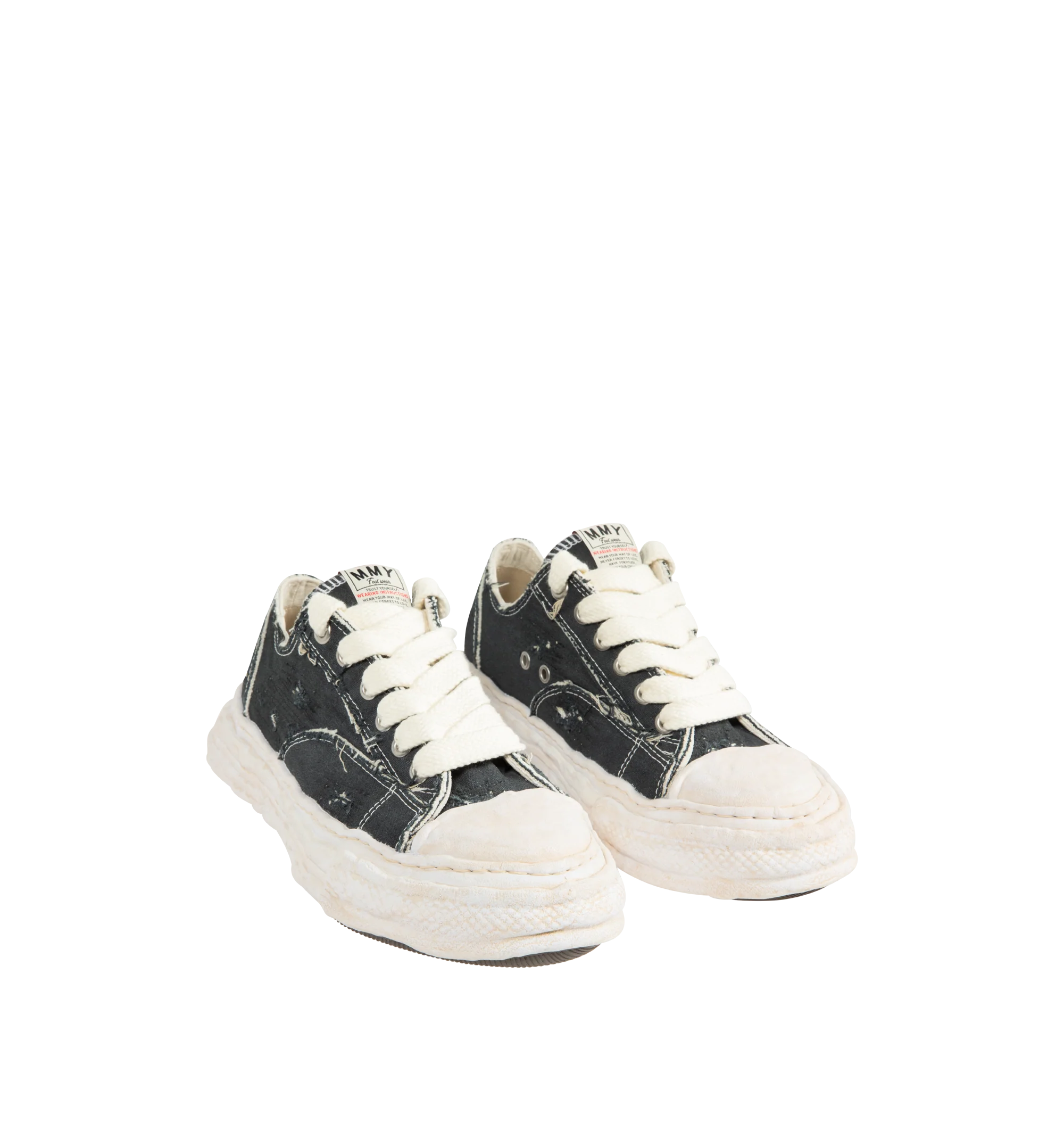 Image 2 of 5 - BLACK - Maison Mihara Yasuhiro Men's Peterson23 Sneakers feature the brand's signature hand-sculpted OG sole, a ripped overdye canvas upper, and a relaxed low-top silhouette for a bold contemporary look. Designed for the Spring/Summer 2026 collection, these designer sneakers combine Maison Mihara Yasuhiro's experimental aesthetic with a wider fit, layered overdye finish, distressed detailing, and a three-dimensional rubber toe cap that echoes the sculptural sole. Intentional fading and distre