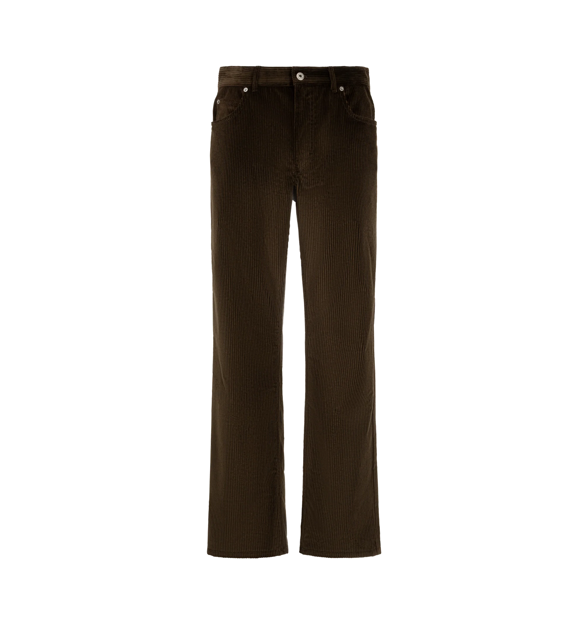 Image 1 of 3 - BROWN - Loewe Men's Corduroy Trousers are crafted from medium-weight brown cotton corduroy and feature a regular fit with a mid-rise waist, straight leg, and regular length. A concealed zip fly and classic five-pocket construction define the silhouette, while an embossed Loewe leather and suede patch accents the back. Main Material: Cotton. Made in Italy.
