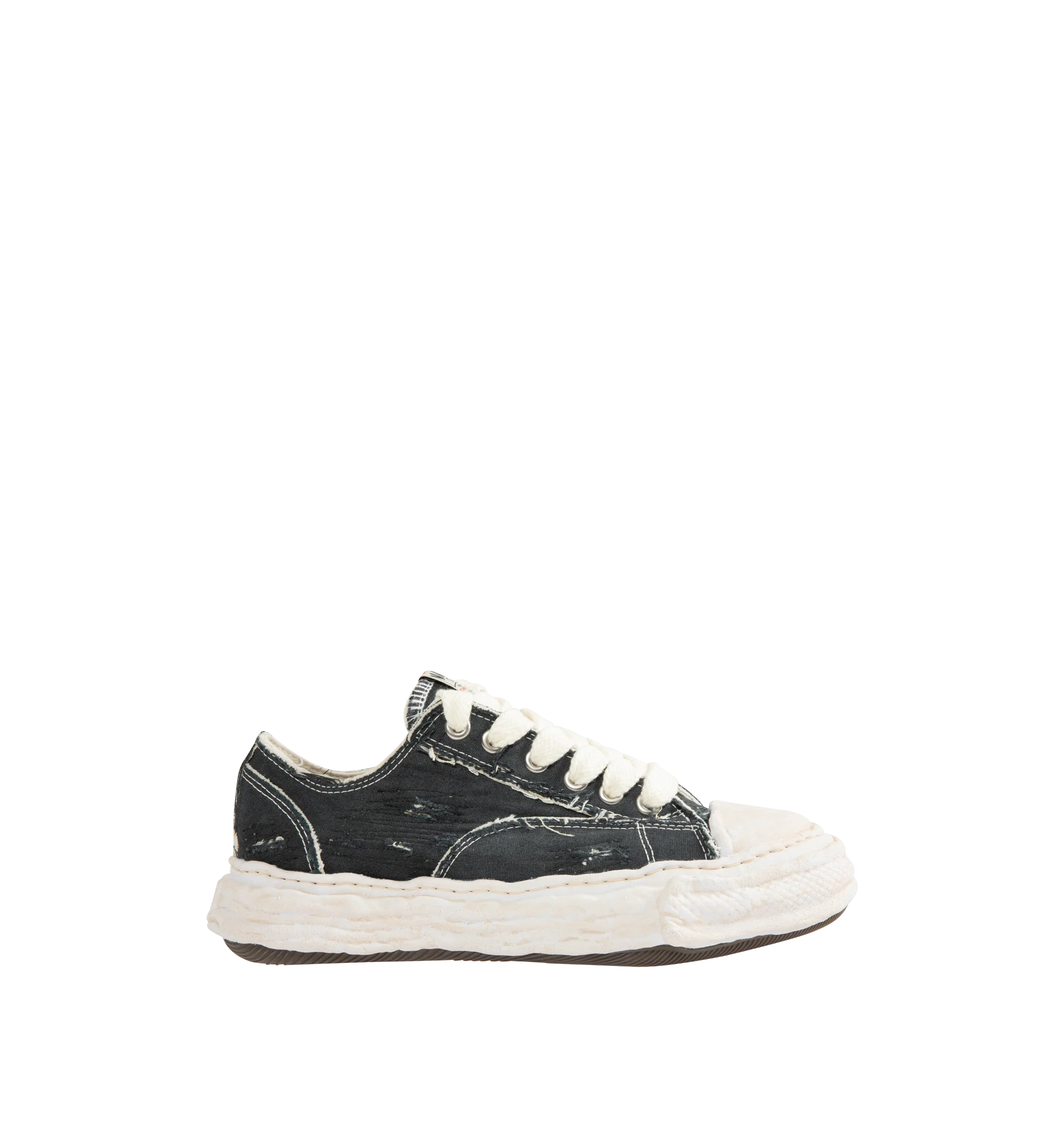 Image 1 of 5 - BLACK - Maison Mihara Yasuhiro Men's Peterson23 Sneakers feature the brand's signature hand-sculpted OG sole, a ripped overdye canvas upper, and a relaxed low-top silhouette for a bold contemporary look. Designed for the Spring/Summer 2026 collection, these designer sneakers combine Maison Mihara Yasuhiro's experimental aesthetic with a wider fit, layered overdye finish, distressed detailing, and a three-dimensional rubber toe cap that echoes the sculptural sole. Intentional fading and distre