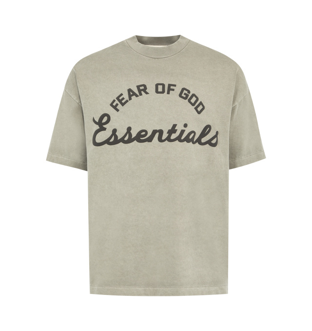 Image 1 of 2 - NEUTRAL - FEAR OF GOD ESSENTIALS Training 90s Tee featuring heavyweight cotton jersey, pigment dyes, a 90s fit with oversized proportions and dropped shoulders, puff-printed Fear of God Essentials training graphic, rib-knit crewneck and Essentials signature label at the back neckline. 100% cotton.