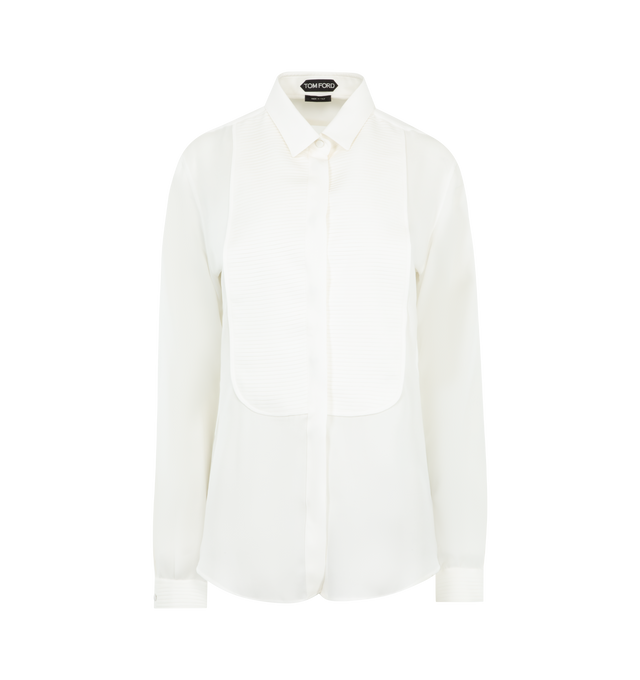Image 1 of 2 - WHITE - TOM FORD Washed Silk Georgette Tuxedo Shirt featuring a small officer collar, contrast fabric on the cuffs and plastron, both finished with pleated details, concealed front placket with self-fabric covered buttons and a back yoke. 100% silk.