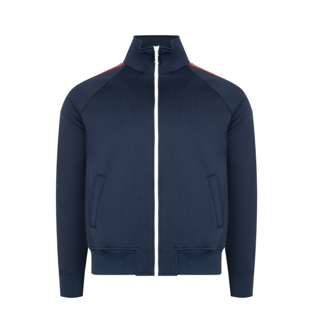 Image 1 of 3 - NAVY - SAINT LAURENT Track Jacket featuring a stand collar, zip front, raglan sleeves with contrast piping, two welt pockets at the front and ribbed cuffs and hem. 57% cotton, 43% nylon. Made in Italy.