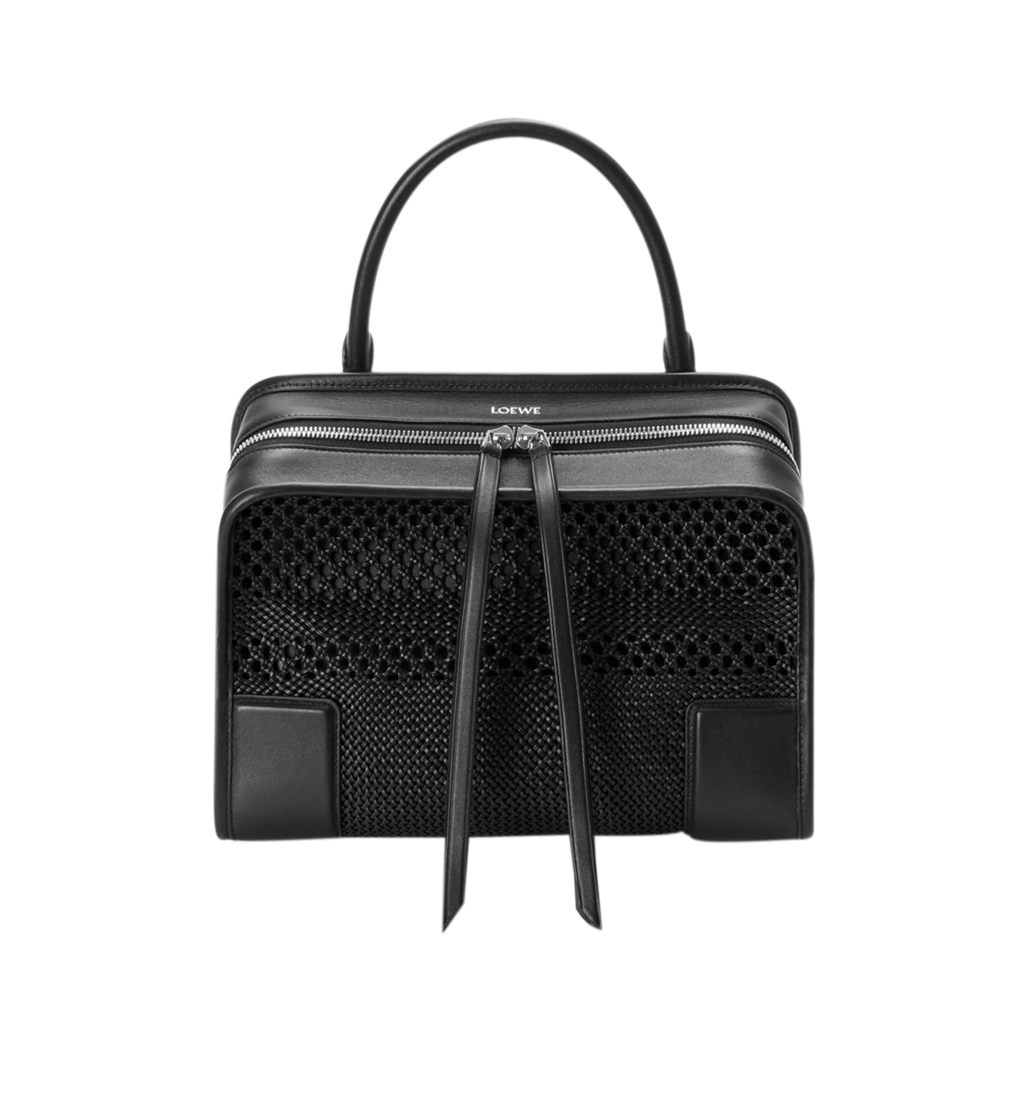 Image 3 of 14 - BLACK - Loewe Women's Medium Amazona 180 Bag is crafted from woven nappa calfskin and features a relaxed silhouette inspired by one of the house's iconic designs. Designed with a single Toron top handle and removable shoulder strap, it can be carried by hand, over the shoulder, or crossbody. A concealed magnetic closure, zip fastening with dual leather pullers, two compartments, an internal flat pocket, and a side D-ring provide functional organization. Finished with palladium-tone hardware,