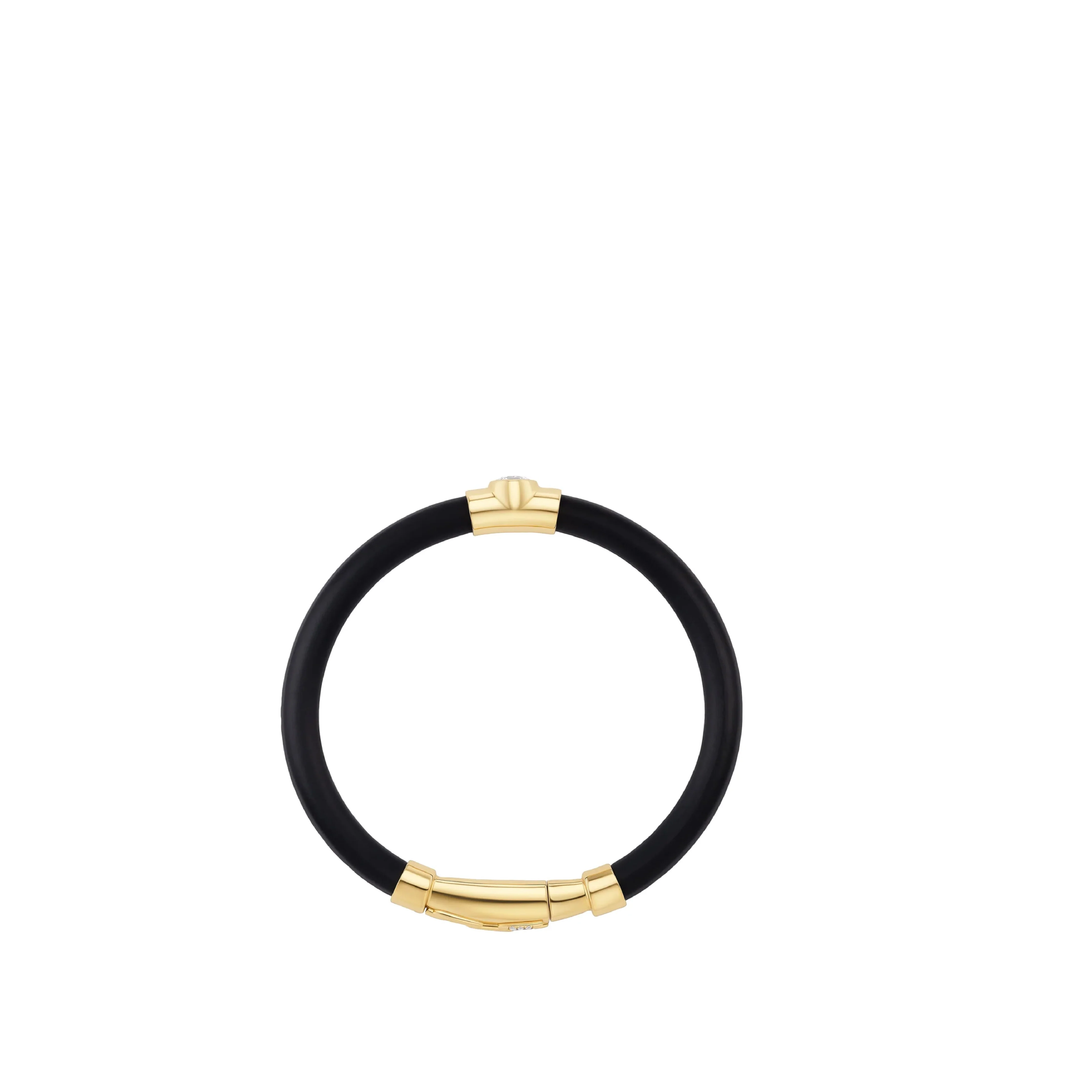 Image 3 of 3 - GOLD - Uniform Object Carbon Bracelet featuring 13 g of 18K yellow gold with a 5 mm round diamond (0.52 TCW) and round diamond accents. Handcrafted in New York City. Features an Italian-made hypoallergenic rubber band designed for comfort and durability. Cheap Luxury Handbag Shop offers a range of pieces from this collection in-store. For personal consultation and detailed information about jewelry, please contact our dedicated stylist team at personalshopping@hirshleifers.com. 