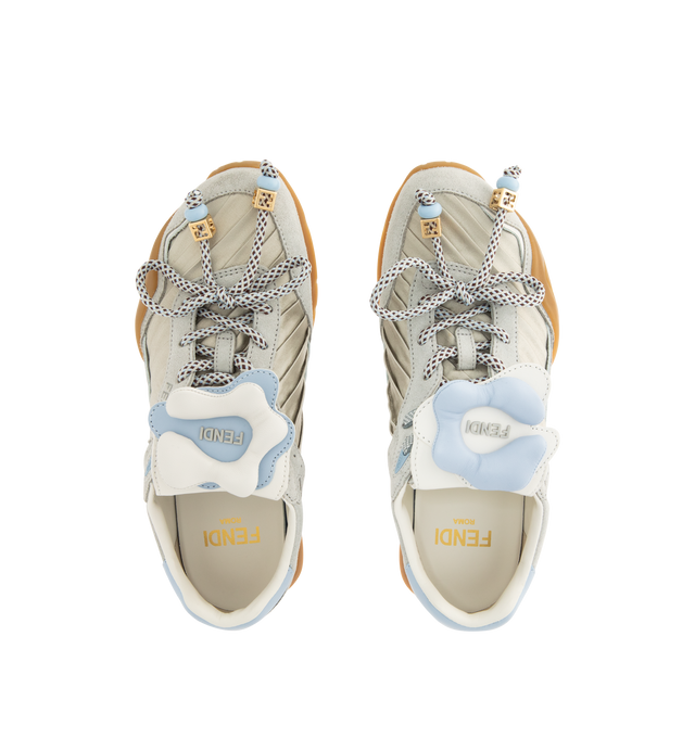 Image 5 of 5 - GREY - FENDI Wave Pulse Sneaker featuring lace-up closure, low-top, light gray satin with pleats and tone-on-tone suede inserts, leather heel collar, detachable, folded tongue decorated with a three-dimensional matching corolla, elastic laces combined with multicolor tubular laces and decorated with light blue beads and cubic elements with a gold-finish FF motif. Three-dimensional rubber logo applied on the side and tongue. Beige rubber running sole with wraparound edge on the side and diagon