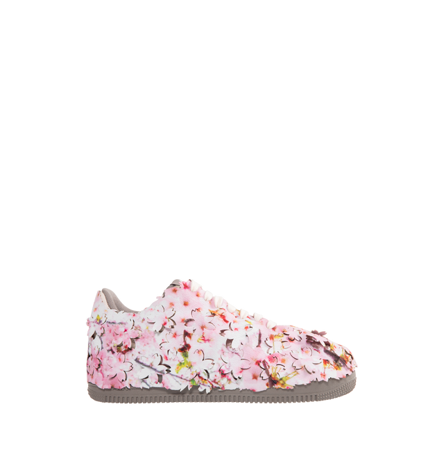 Image 1 of 6 - PINK - NIKE Air Force 1 '07 Premium "Cherry Blossom" Sneaker featuring removable canvas shroud with floral graphics, hairy suede underneath, and Light Soft Pink Swoosh, padded, low-cut silhouette and a classic rubber outsole with Nike Air cushioning.