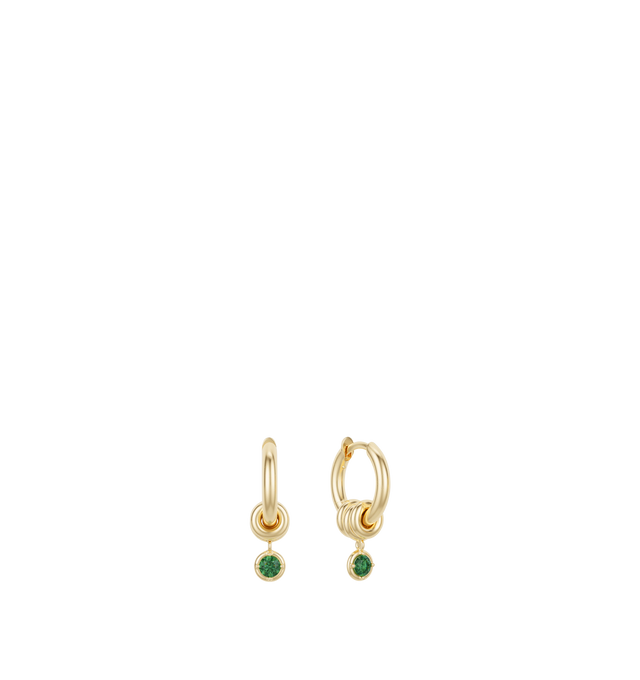 Image 1 of 2 - GOLD - Spinelli Kilcollin Zahra Hoop Earrings display a familiar, streamlined silhouette and comfort closure in 18k gold or .925 sterling silver. Three annulets adorn each hoop, the center of which bears a drop charm for added contrast and movement. Each Zahra Hoop Earring is individually handmade in Los Angeles. Hoops: 18k yellow gold, 2mm gauge, 9mm internal diameter. Stones: Emeralds (approx. 0.22 cttw). Annulets: 18k yellow gold. Sold as a pair. Cheap Luxury Handbag Shop offers a range of pieces from