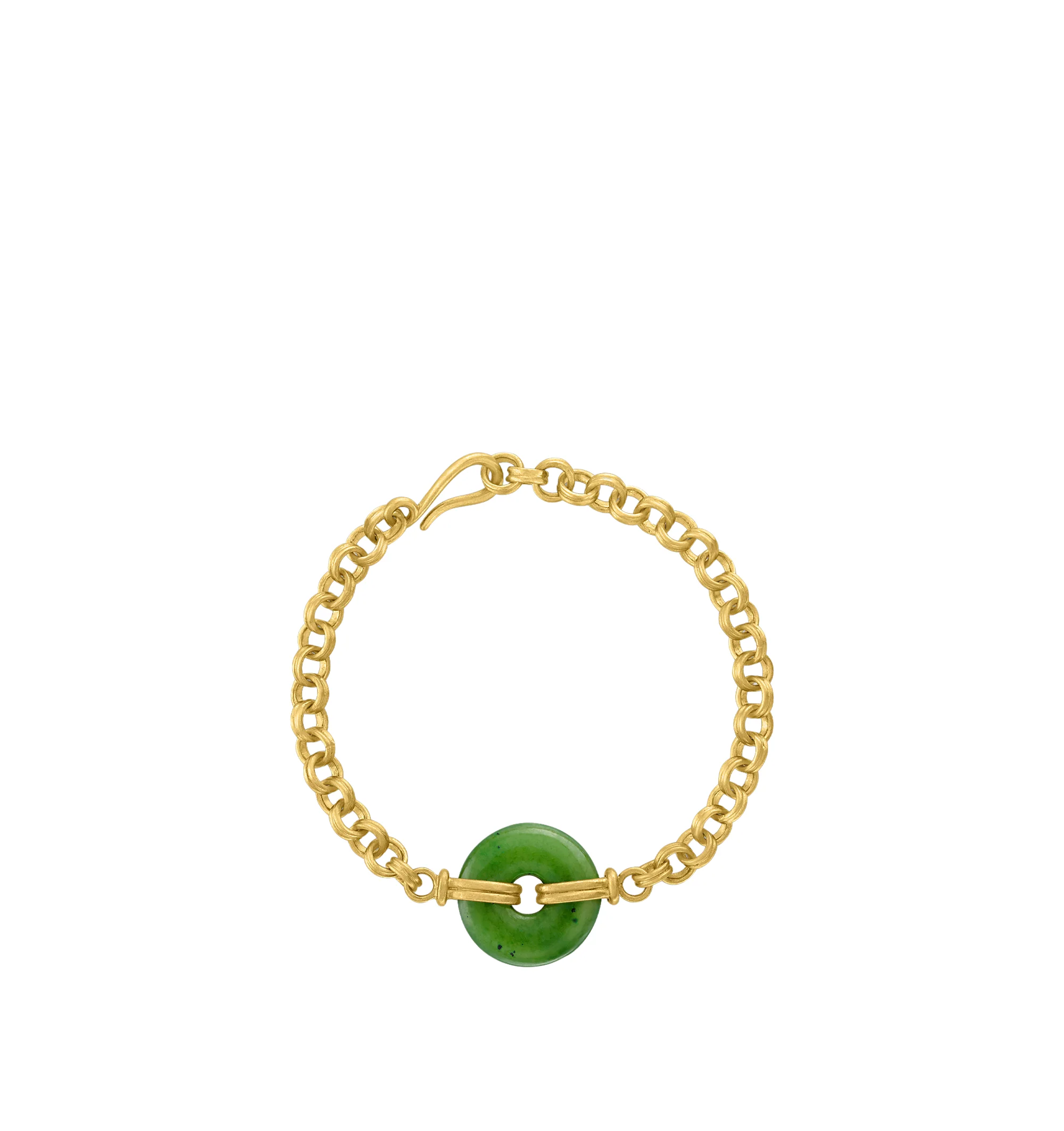 Image 1 of 2 - GOLD - Prounis Discus Double Link Chain Bracelet is handcrafted in New York and features a one-of-a-kind moss green jade disc accented by 22K yellow gold double links. Designed to fit a standard 7" wrist, each bracelet showcases a naturally unique jade stone with distinctive color and striation. For personal consultation and detailed information about jewelry, please contact our dedicated stylist team at personalshopping@hirshleifers.com.This item may be restricted for online purchase to int