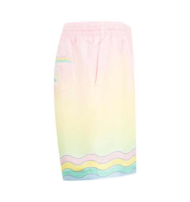 Image 3 of 3 - MULTI - CASABLANCA For The Love Of Dance Silk Shorts featuring elastic waist, front drawstring details, side pockets, back patch pocket with logo and straight hem. 100% silk. Made in Italy.