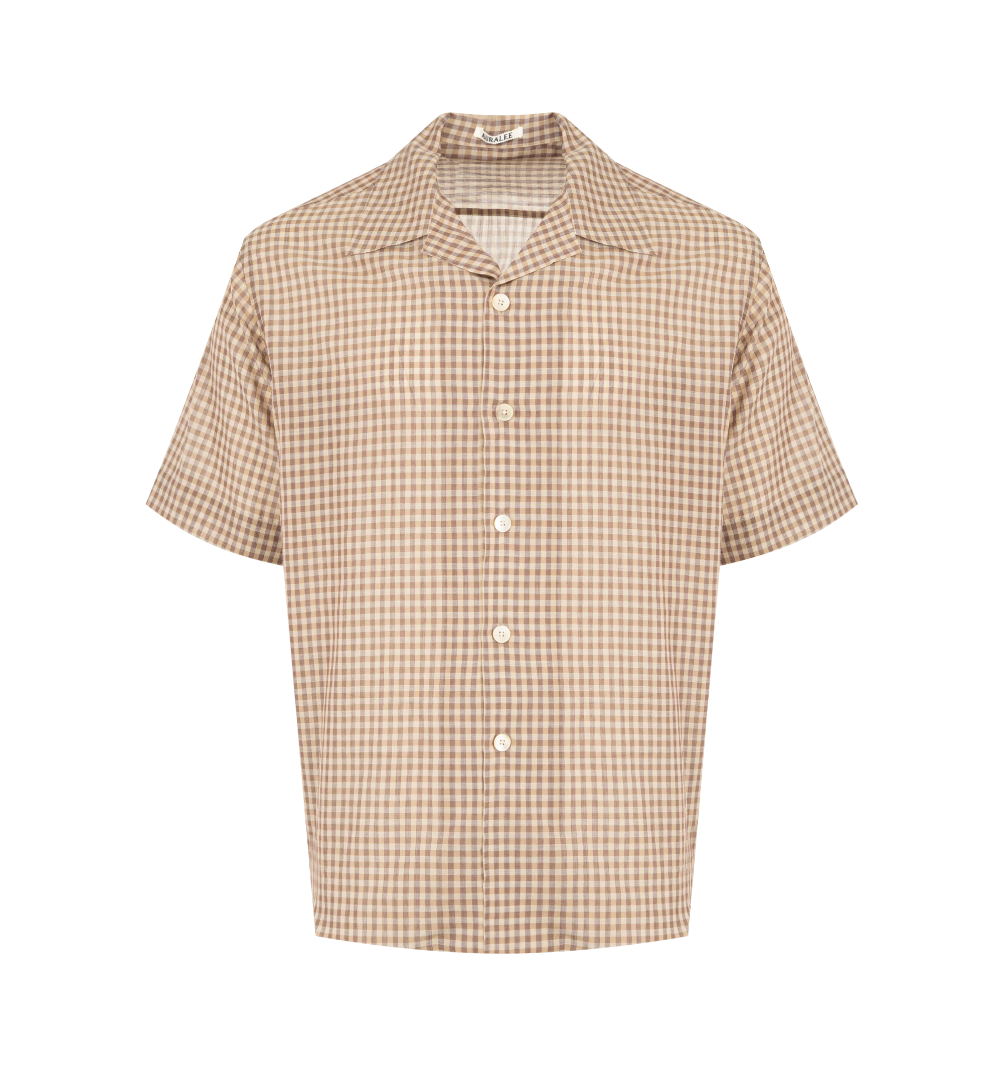Image 1 of 2 - BROWN - AURALEE Airy Light Cotton Check Shirt featuring short sleeves, check print, spread collar, button front and relaxed fit. 100% cotton.
