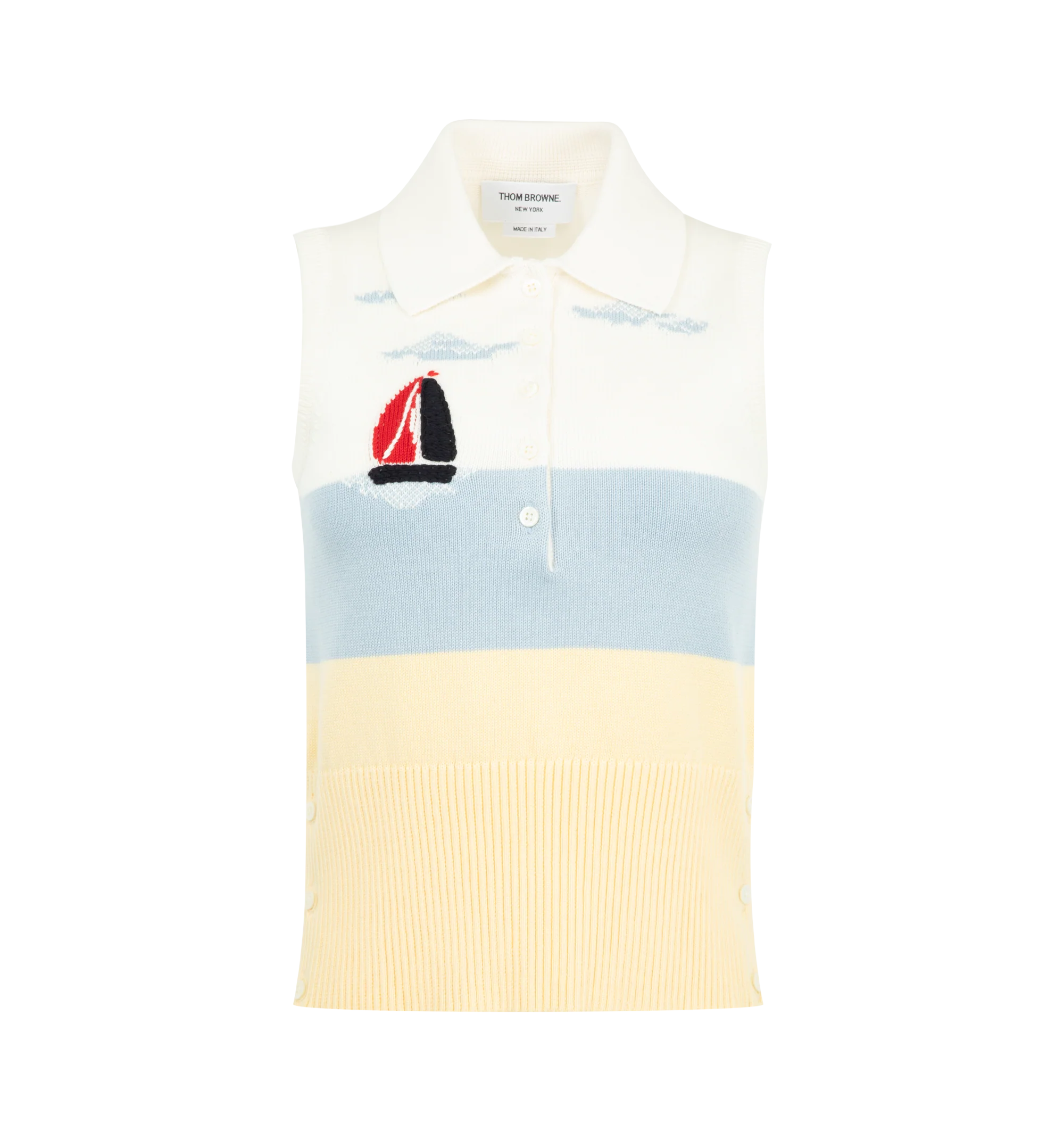 Image 1 of 3 - MULTI - Thom Browne Womens Polo Sweater is crafted from cotton knit. Features a partial button-front closure, ribbed polo collar, sleeveless silhouette, sailboat embroidery, buttoned side vents with signature RWB grosgrain trim, ribbed hem, and signature striped grosgrain loop tab. Main Material: 100% Cotton. Made in Italy.