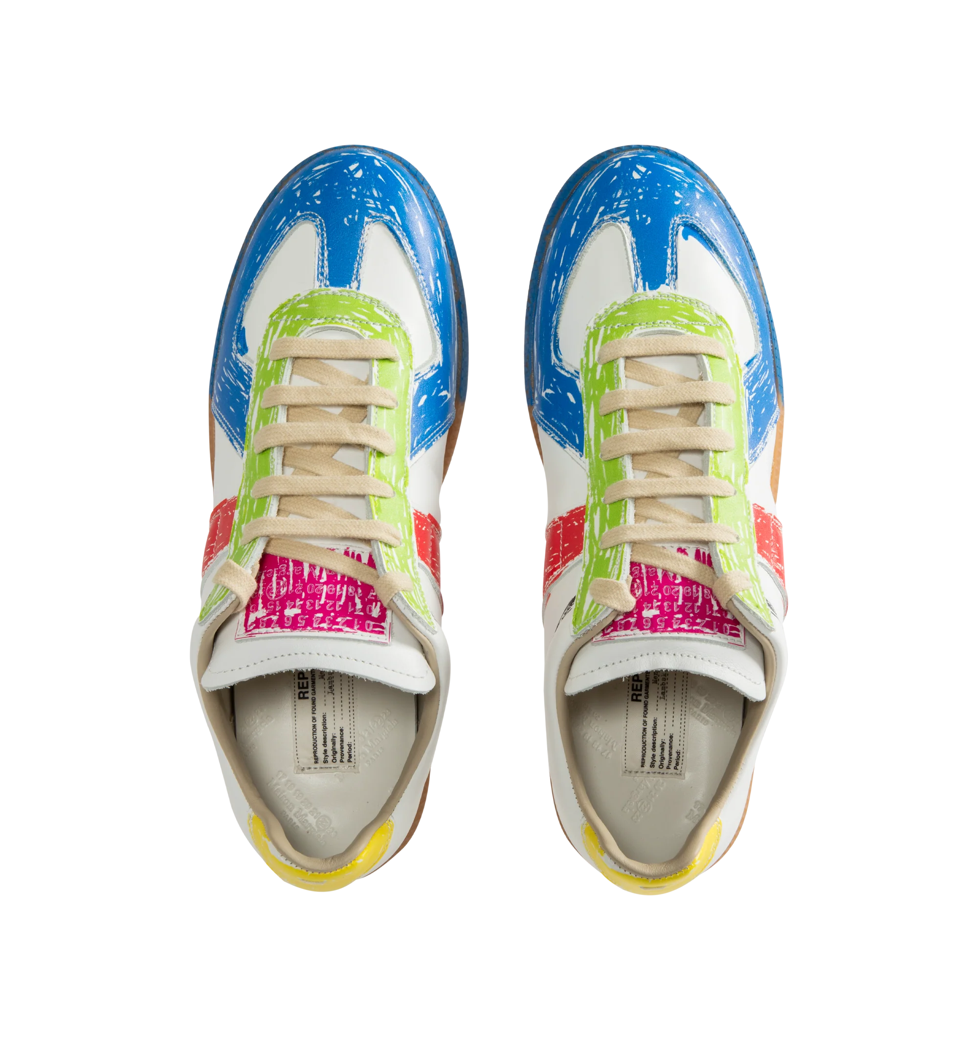 Image 5 of 5 - MULTI - Maison Margiela Men's High Quality Luxury Paint-Splatter Sneakers are crafted from calf leather and feature a paint-splatter effect. Designed with a round toe and lace-up fastening, they are finished with a logo-print tongue, the signature single-stitch detail at the rear, and a flat gum-rubber sole. Main Material: 100% Calf Leather. Lining: 100% Calf Leather. Sole: 100% Rubber. Made in Italy.