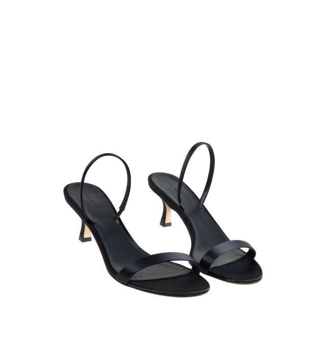 Image 2 of 4 - NAVY - THE ROW Ella Kitten Slingback Heel featuring heeled sandal in satin with almond toe, slim heel and toe straps with concealed elastic band and leather sole. 2 in. heel. 72% viscose, 28% silk. Lined in 100% lambskin leather. Calfskin leather sole. Made in Italy.
