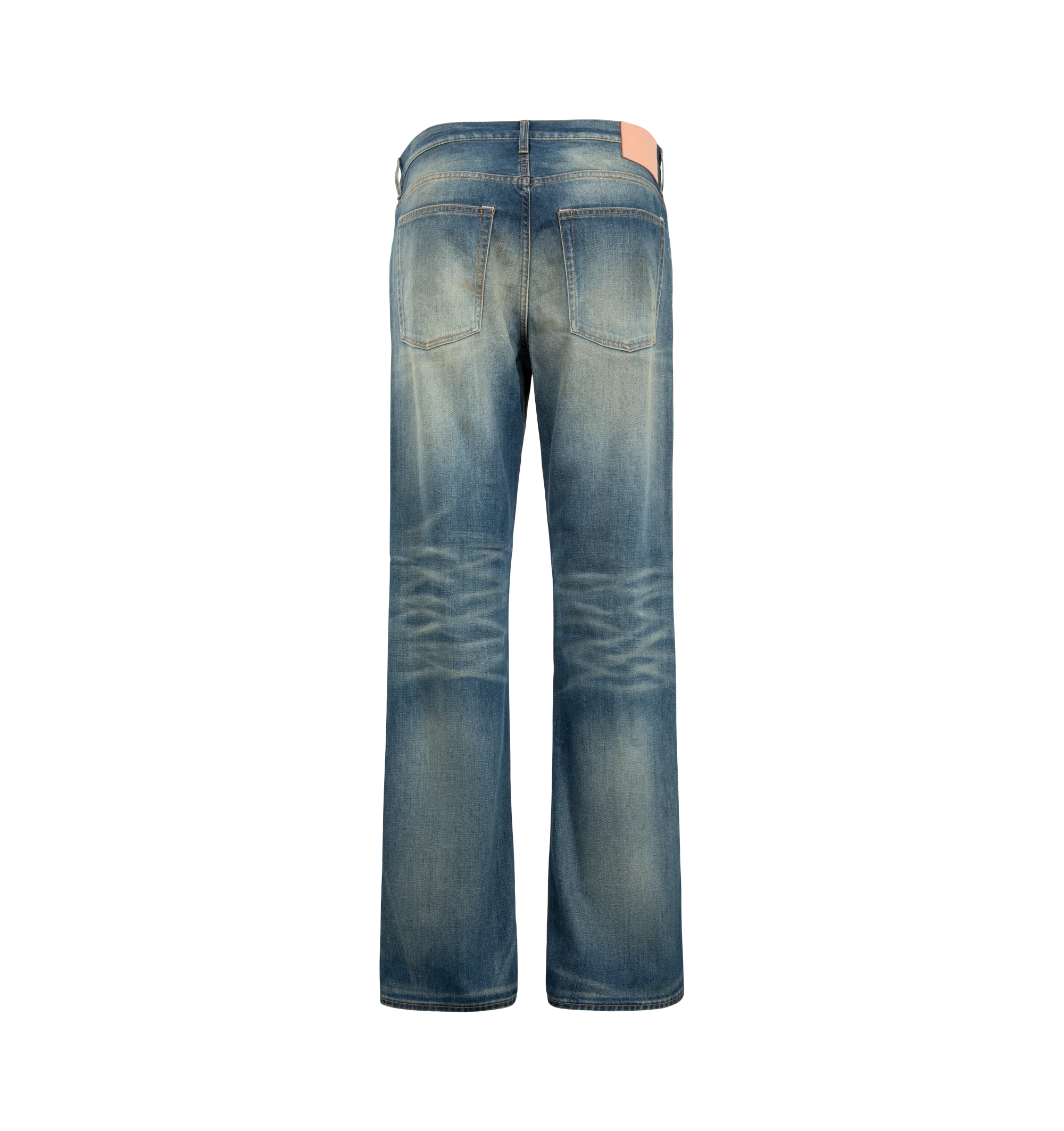Image 2 of 3 - BLUE - Acne Studios Men's 2010M Streams Jeans are crafted from lightweight indigo-blue broken twill denim and feature a regular-fit silhouette with a low waist and straight leg. Finished with contrasting whiskering and scraping for an authentic worn-in appearance, these jeans are designed with a long length, classic five-pocket construction, and a button fly closure. Main Material: 82% Cotton, 18% Lyocell. Patch: 100% Cow Leather.