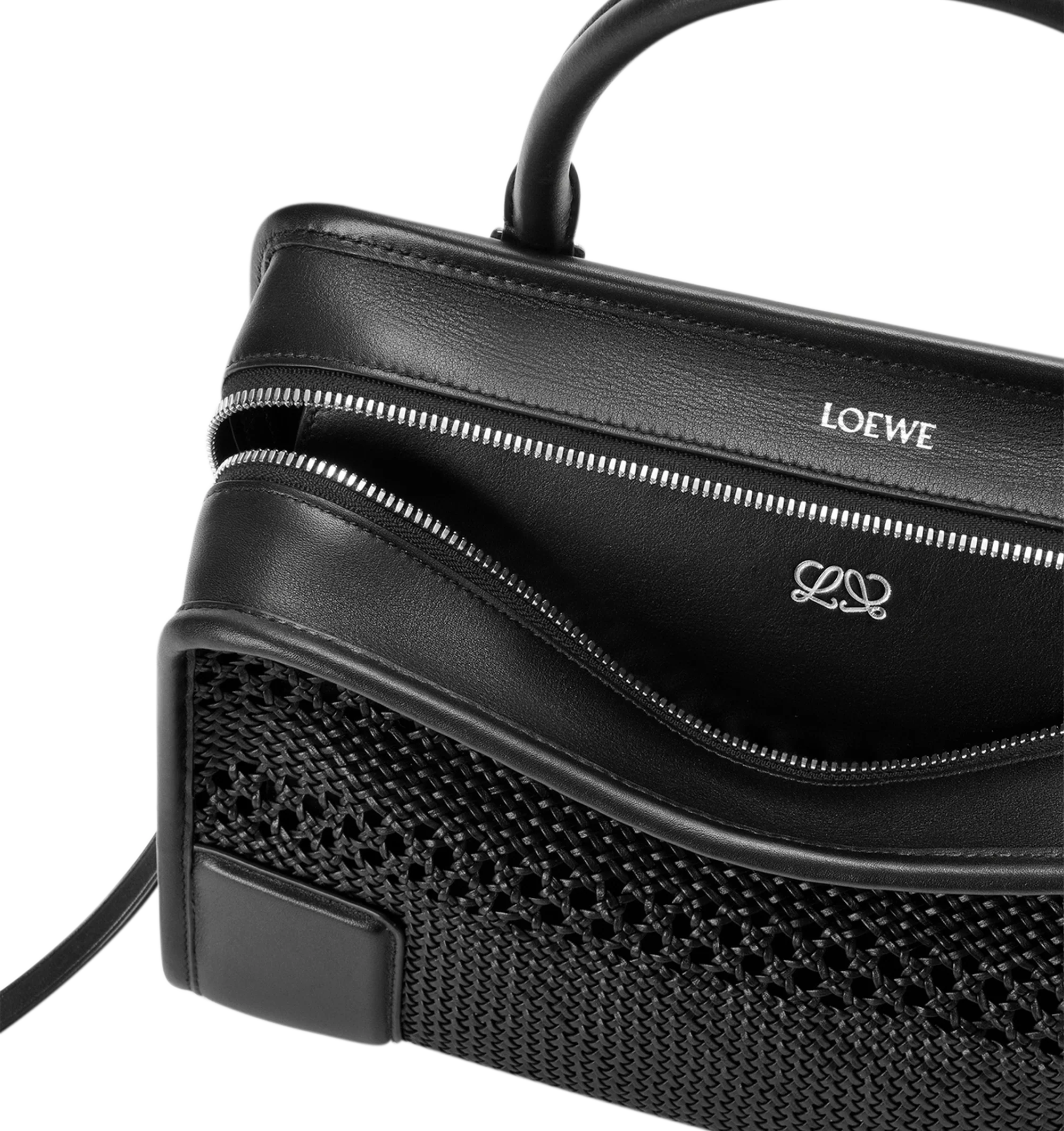 Image 9 of 14 - BLACK - Loewe Women's Medium Amazona 180 Bag is crafted from woven nappa calfskin and features a relaxed silhouette inspired by one of the house's iconic designs. Designed with a single Toron top handle and removable shoulder strap, it can be carried by hand, over the shoulder, or crossbody. A concealed magnetic closure, zip fastening with dual leather pullers, two compartments, an internal flat pocket, and a side D-ring provide functional organization. Finished with palladium-tone hardware, 
