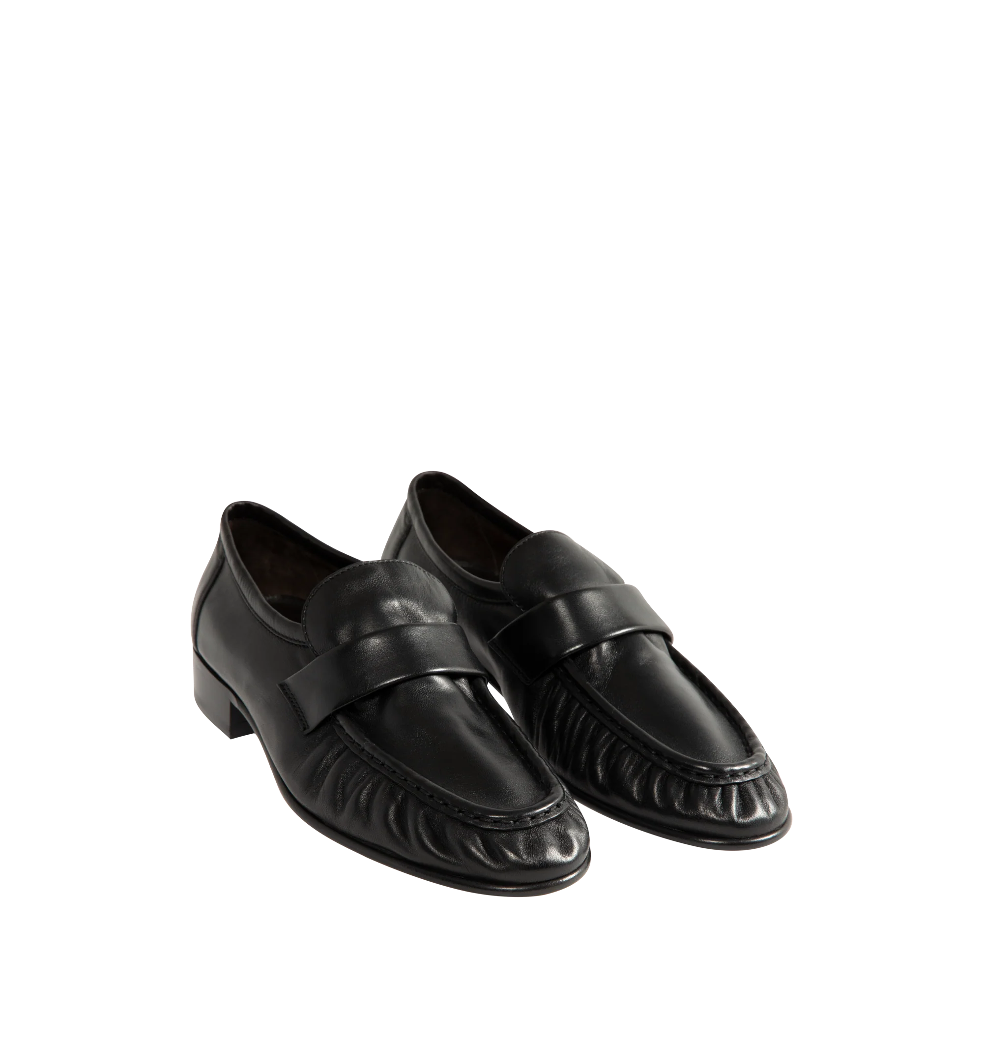 Image 2 of 4 - BLACK - The Row womne's artisanally-crafted loafer in soft nappa leather with natural pleating effect and hand-painted leather sole. 0.75 in. heel. 100% Lambskin Leather. Made in Italy.