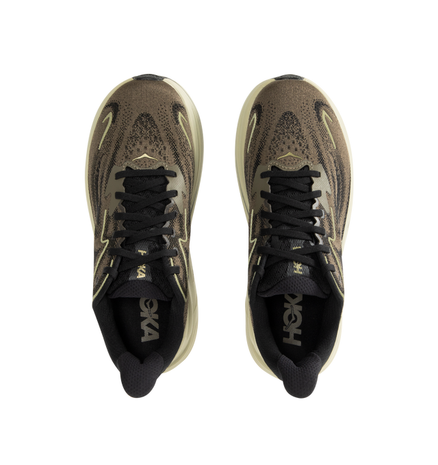 Image 5 of 5 - BROWN - HOKA Clifton 10 Sneaker featuring jacquard knit, reflective upper details, smooth MetaRocker, rearfoot-focused Active Foot Frame, CMEVA midsole, molded EVA sockliner and inherently durable abrasion rubber.