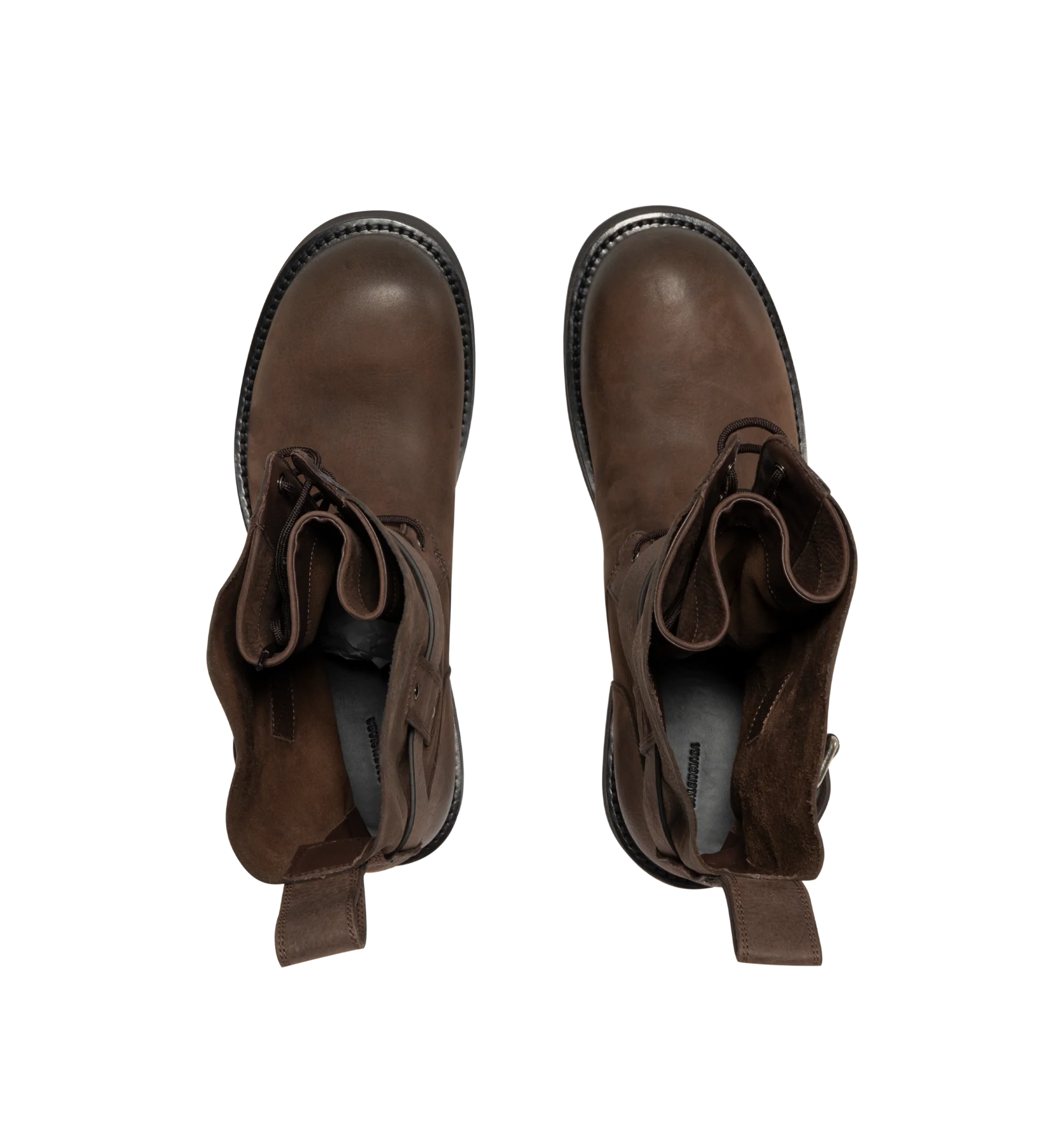 Image 4 of 4 - BROWN - Balenciaga Mens Venom Lace-Up Booties are crafted from grained calfskin leather. Feature a lace-up design, extra round toe, adjustable buckle strap, worn-in finish, debossed logo at the upper, engraved logo plate at the outsole, back pull loop, and thick toothed rubber sole. Main Material: Upper: Calfskin Leather; Sole: TPU; Insole: Calfskin Leather. Made in Italy.