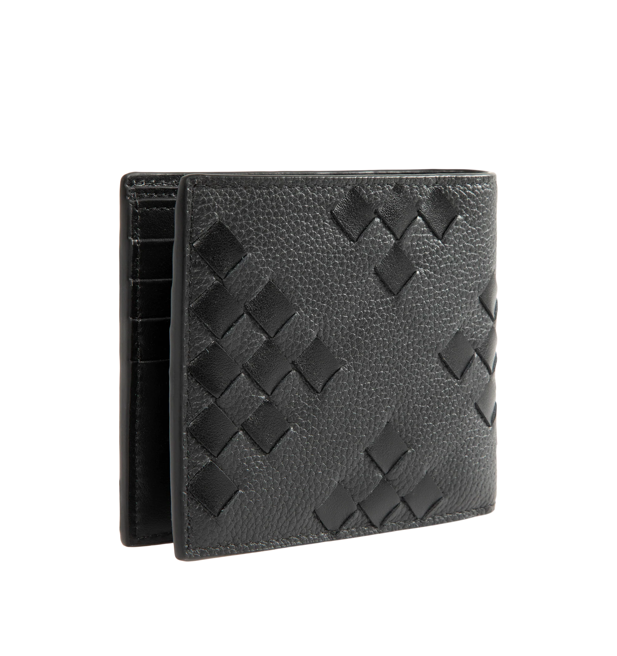 Image 2 of 3 - BLACK - Bottega Veneta Men's Intrecciato Bi-Fold Wallet is crafted from grained and smooth calfskin leather and features the house's signature Intrecciato weave with an intricate geometric pattern. Designed for everyday functionality, this designer leather wallet includes eight card slots, two bill compartments, and two additional interior pockets. Main Material: Calfskin Leather. Lining: Calfskin Leather. Made in Italy. 