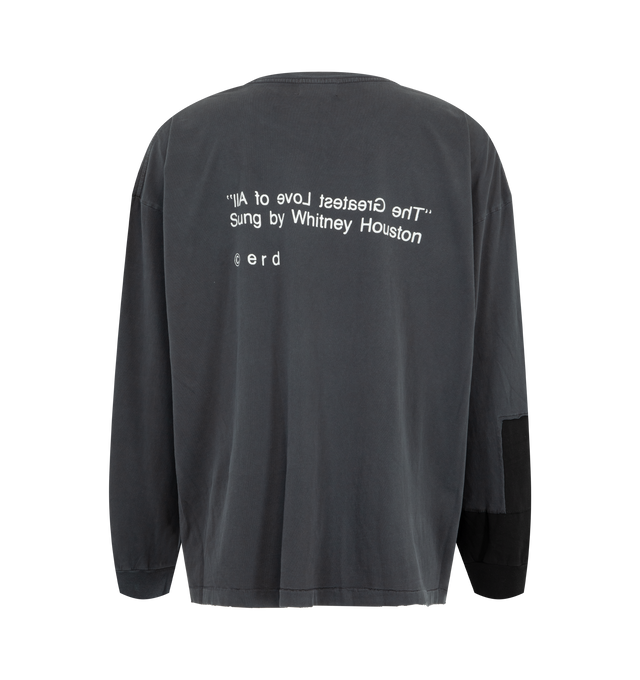 Image 2 of 3 - BLACK - Enfants Riches Deprimes The Greatest Love Of All long sleeve T-shirt crafted from heavy weight cotton jersey. Featuring a boxy cropped fit, rib knit necklineand  cuffs, raw hem at front waist, single stich hem at back waist, repair panel at sleeve cuff, vintage wash process and distressing throughout, and printed artwork at the front and back. Made in USA. 