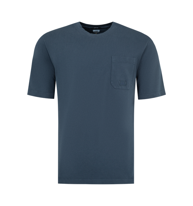 Image 1 of 2 - NAVY - C.P. COMPANY 24/1 Piquet Pigment Dyed Short Sleeve T-Shirt featuring ribbed crewneck, chest open pocket with embroidered logo patch, side vents, pigment dyed and regular fit. 100% cotton. Made in Italy.