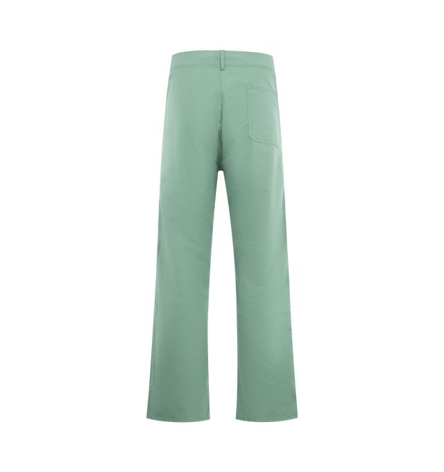 Image 2 of 3 - GREEN - VISVIM Gesso Pant featuring straight-leg fit, a button-up fly, triangular stitching around the pockets, belt loops at waist and 4 pocket style. 100% cotton. Made in Japan.