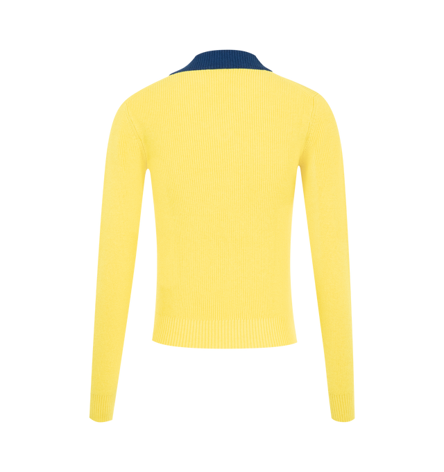 Image 2 of 2 - YELLOW - Loewe Womens Textured Cotton and Wool Sweater is crafted from lightweight textured cotton and wool. Features a regular fit, regular length, V-neck, contrast ribbed collar, and Double L embroidery at the chest. Main Material: Cotton / Wool. Made in Italy. 