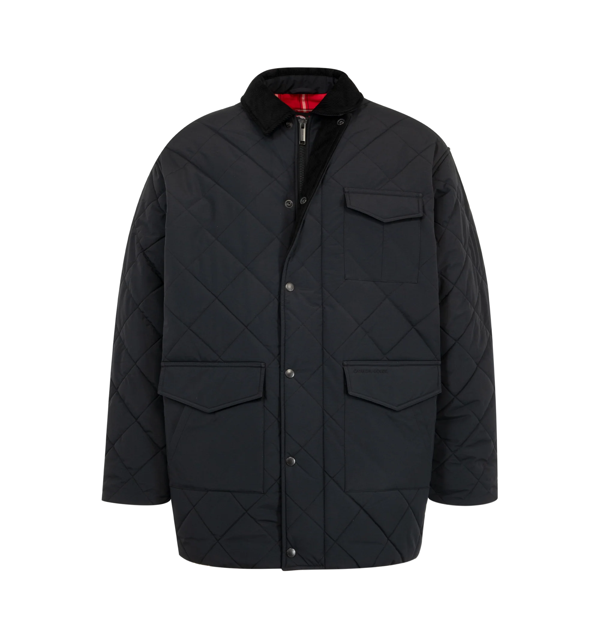 Image 3 of 3 - BLACK - Canada Goose Terra Coat is crafted from durable two-layer woven nylon with windproof and water-repellent properties for protection in cold, changing conditions. Designed with an intentionally oversized fit and mid-thigh length for easy layering and added coverage, this designer coat features contrasting corduroy at the collar and cuffs, a zip-front closure concealed by a snap-button placket, and multiple functional pockets throughout. Main Material: 100% Recycled Polyamide. Fill: 100% 