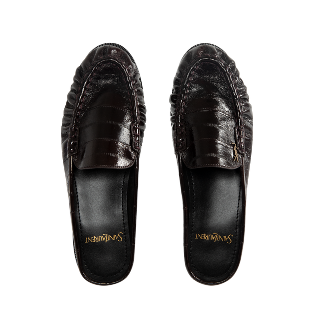 Image 4 of 4 - BROWN - SAINT LAURENT Le Loafer Mule featuring croc-embossed leather upper with leather sole, slip-on styling, cushioned leather footbed, signature penny loafer strap, cassandre at vamp and almond toe. Made in Italy.